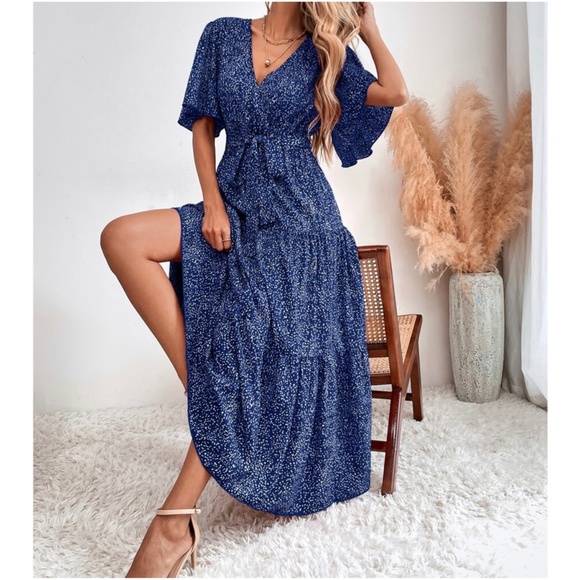 Bellanblue Dresses & Skirts - Boho Blue Butterfly Sleeve Ruffle Maxi Dress